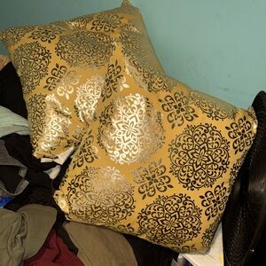 Yellow and metallic silver print home decor throw accent pillows